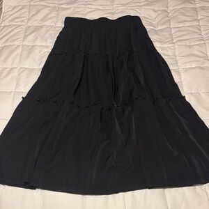 Black Midi Full Tiered Skirt with Elastic Waist